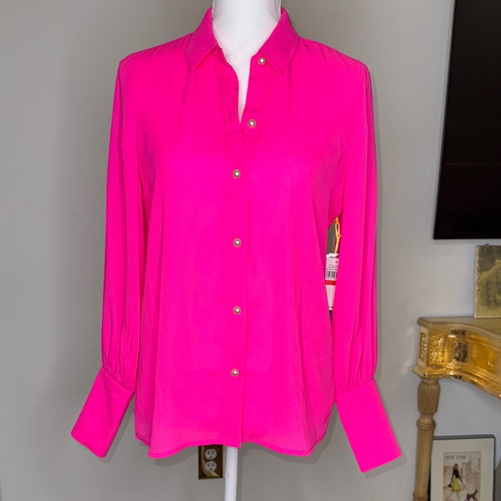 CeCe Pink Long Sleeve Button Down Shirt with Dress Collar